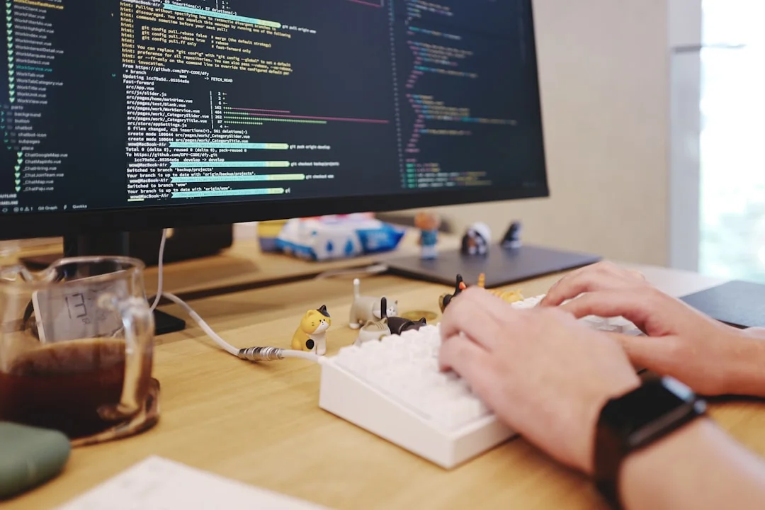 A vibrant workspace featuring a laptop, tablet, and TV with colorful lighting.